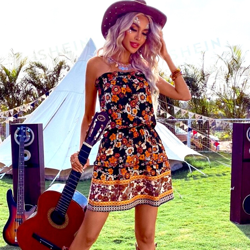 Floral Print Tube, Orange, Black, Country Western, Boho Hippie Dress, Sz XL - Picture 1 of 5